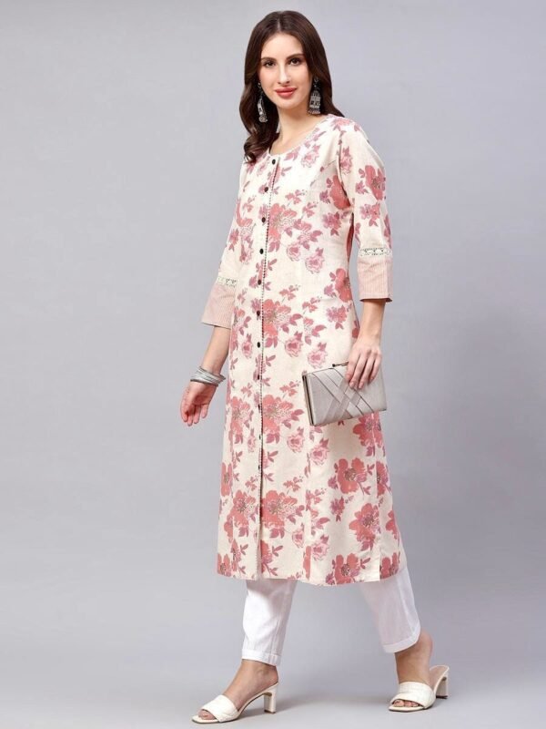 A-Line Floral Tunic-Cotton Linen Blend Long Indian Kurta-Pocket - Image 2