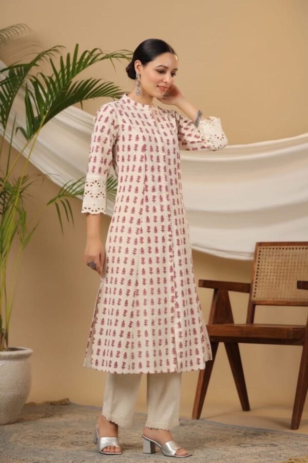 A-Line Kurta Pant Set Pink Hand Block Cotton Linen Blend-Indian Ethnic dress with Pockets - Image 6