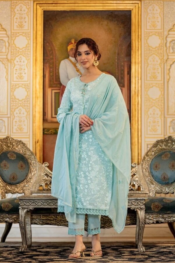 Straight Kurta Pants Dupatta Set-Sea Green Embroidered Cotton - Image 5