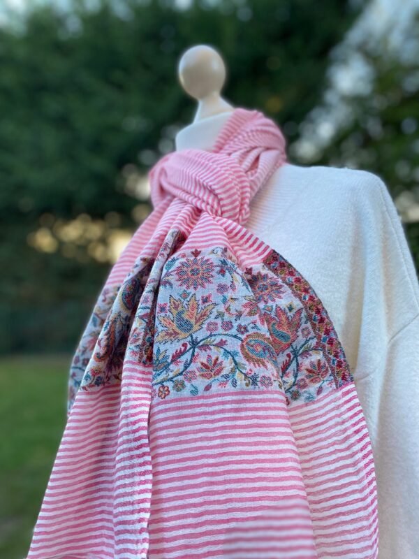 Striped Cashmere Gauze Scarf With Kashmiri Kani Weave Floral Pattern Border Ultra Light Stole - Image 5