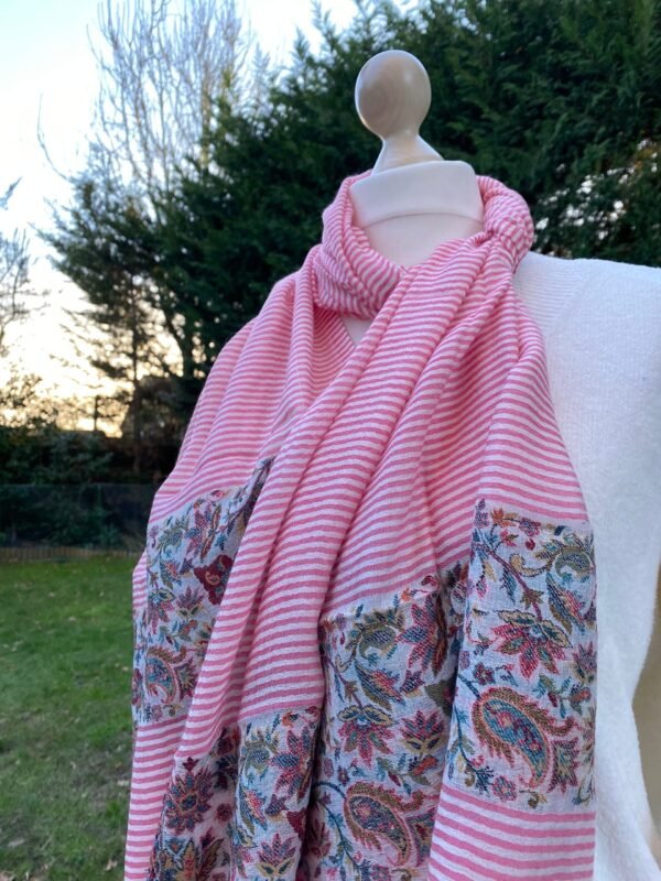 Striped Cashmere Gauze Scarf With Kashmiri Kani Weave Floral Pattern Border Ultra Light Stole - Image 6