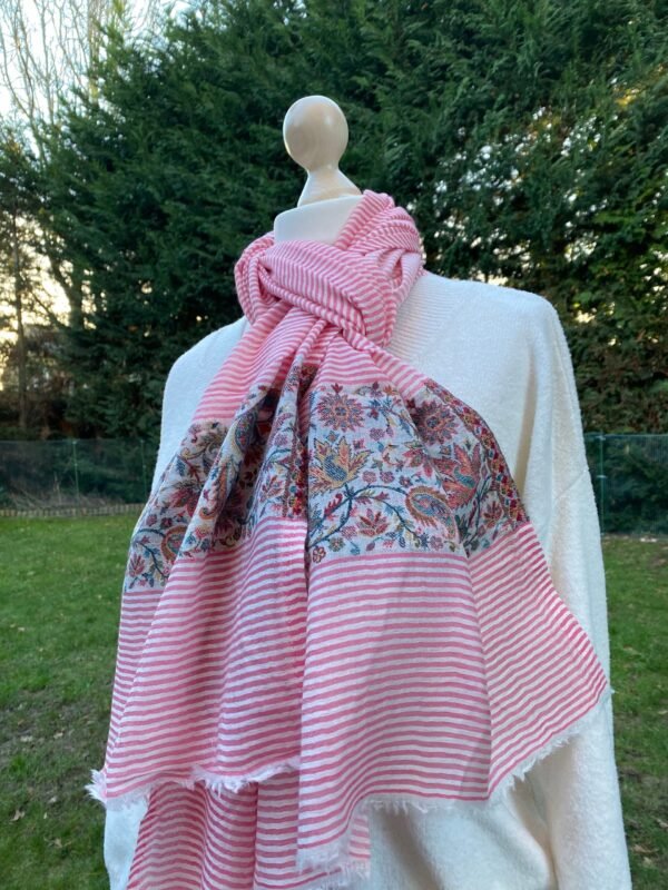 Striped Cashmere Gauze Scarf With Kashmiri Kani Weave Floral Pattern Border Ultra Light Stole - Image 8