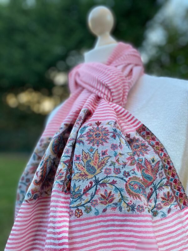 Striped Cashmere Gauze Scarf With Kashmiri Kani Weave Floral Pattern Border Ultra Light Stole - Image 9