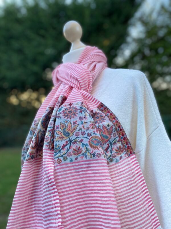 Striped Cashmere Gauze Scarf With Kashmiri Kani Weave Floral Pattern Border Ultra Light Stole