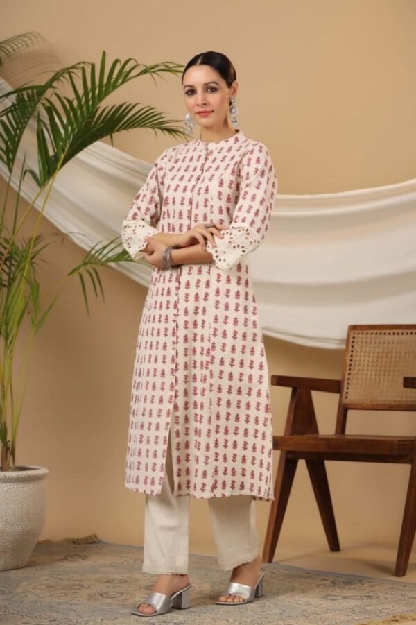 A-Line Kurta Pant Set Pink Hand Block Cotton Linen Blend-Indian Ethnic dress with Pockets - Image 5