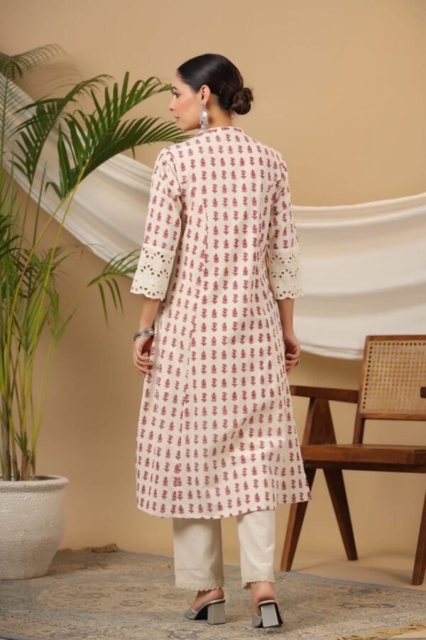 A-Line Kurta Pant Set Pink Hand Block Cotton Linen Blend-Indian Ethnic dress with Pockets - Image 4