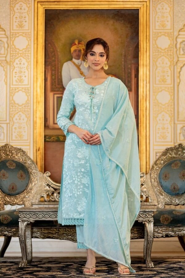 Straight Kurta Pants Dupatta Set-Sea Green Embroidered Cotton - Image 2