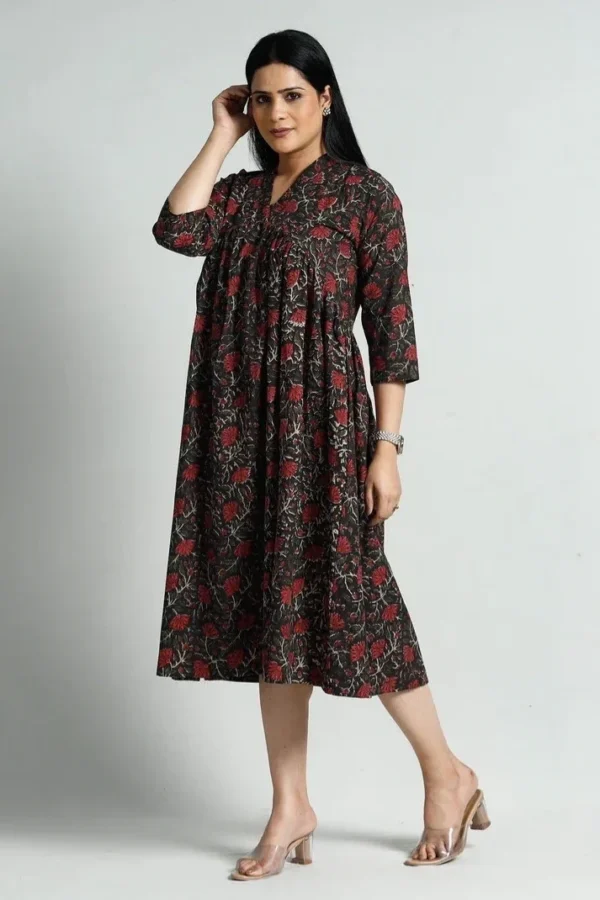 Hand Block Print Midaxi -Pure Cotton Eco Dyed Floral Black Maroon Dress