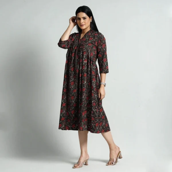 Hand Block Print Midaxi Dress Eco Dyed Bagru Floral Print Black Maroon Kurta Dress