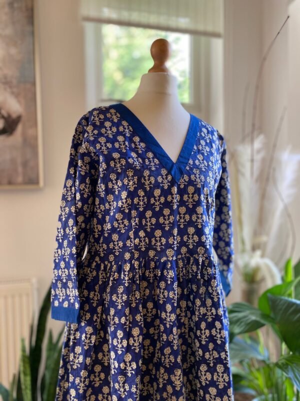 Indigo Blue Floral Dress Hand Block Print Pure Cotton V-Neck Midaxi - Image 8