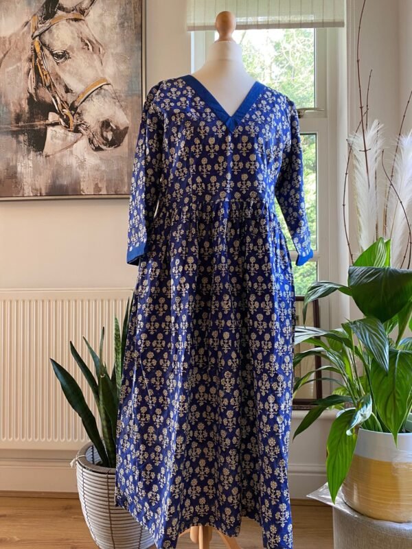 Indigo Blue Floral Dress Hand Block Print Pure Cotton V-Neck Midaxi - Image 9