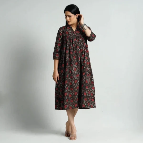 Hand Block Print Midaxi Dress Eco Dyed Bagru Floral Print Black Maroon Kurta Dress - Image 8