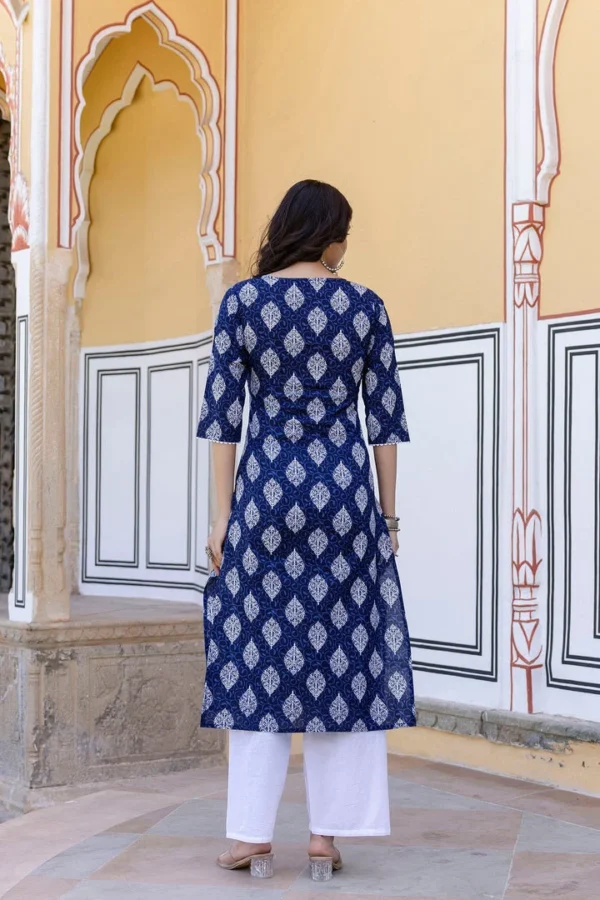 Long Kurta Tunic Blue-White Machine Kantha Stitch - Image 3