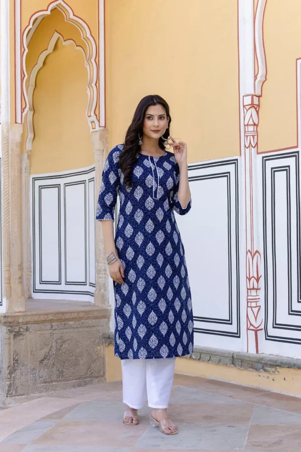 Long Kurta Tunic Blue-White Machine Kantha Stitch - Image 2