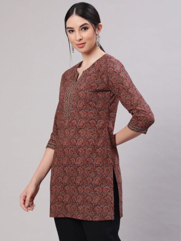 Hand Block Print Tunic-Pure Cotton Short Kurta-Maroon Brown Ethnic Indian Top - Image 7