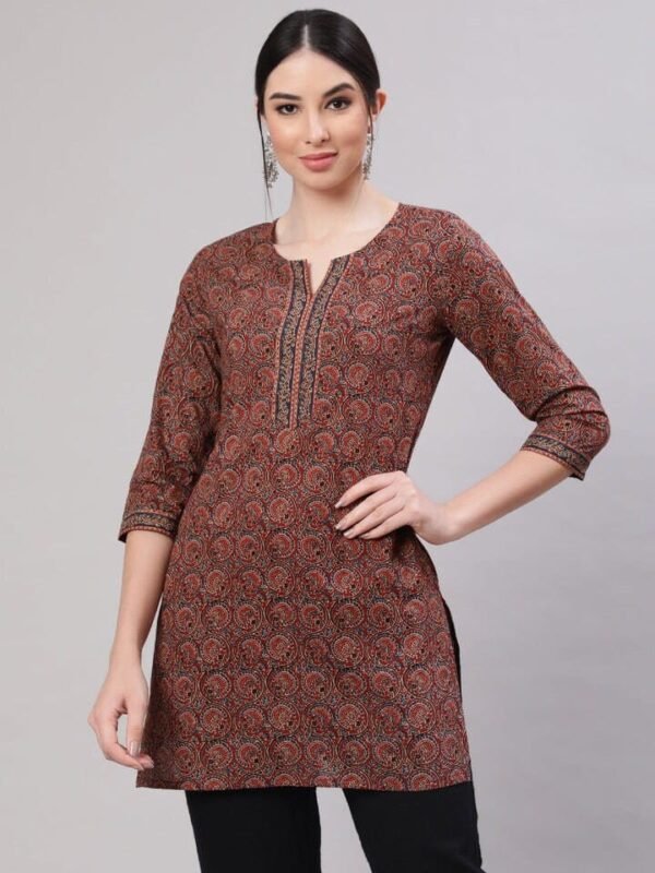 Hand Block Print Tunic-Pure Cotton Short Kurta-Maroon Brown Ethnic Indian Top