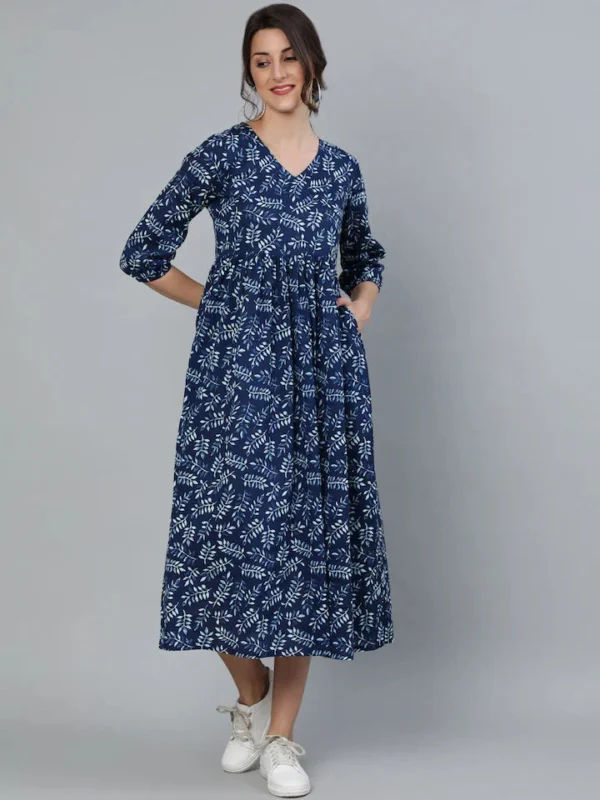 Pure Cotton Block Print Flared Midi Dress V-Neck-Pocket - Image 5