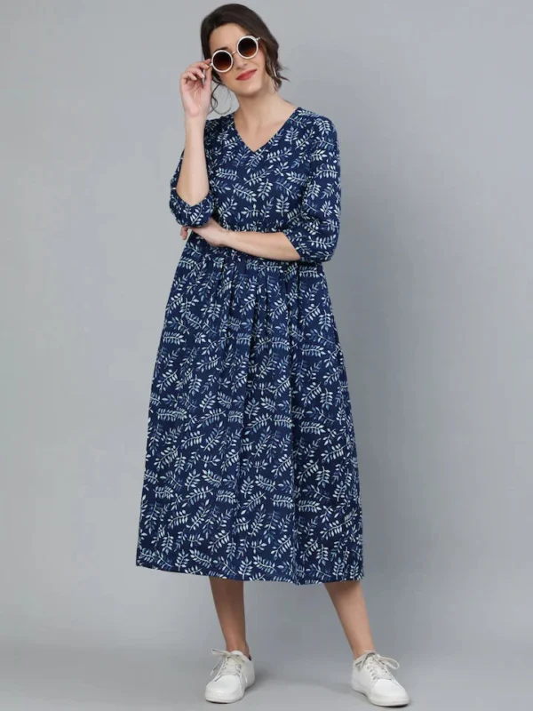 Pure Cotton Block Print Flared Midi Dress V-Neck-Pocket - Image 3