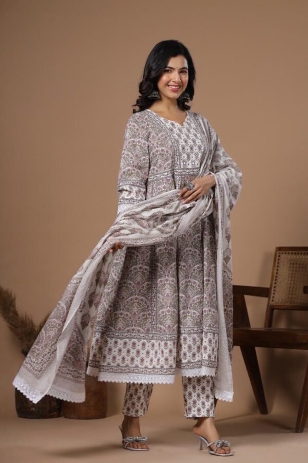 Anarkali Kurta Set-Floral Pure Cotton Indian Ethnic Kurta set-Women's Suit