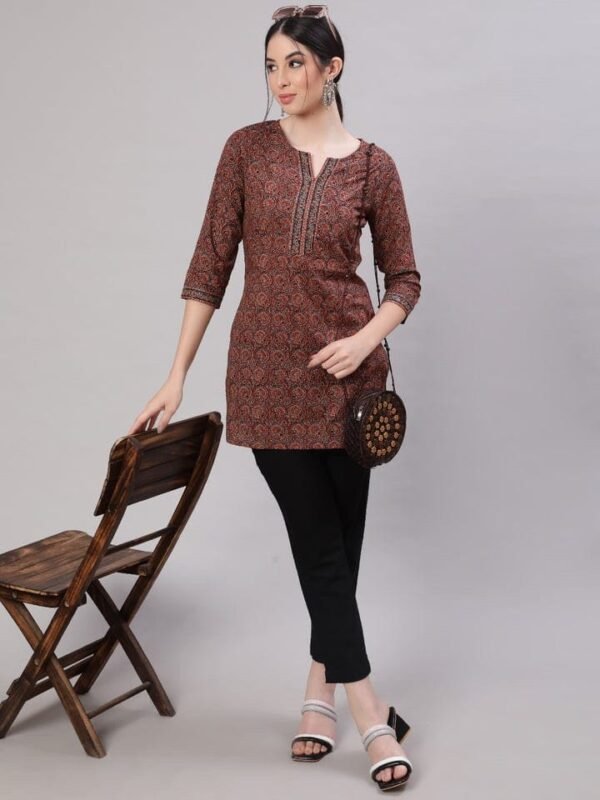 Hand Block Print Tunic-Pure Cotton Short Kurta-Maroon Brown Ethnic Indian Top - Image 5