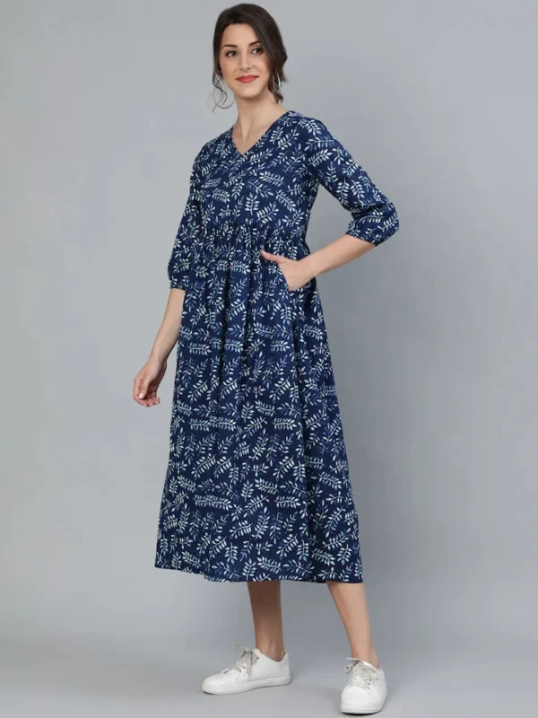 Pure Cotton Block Print Flared Midi Dress V-Neck-Pocket