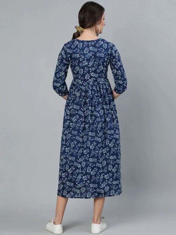 Pure Cotton Block Print Flared Midi Dress V-Neck-Pocket - Image 4