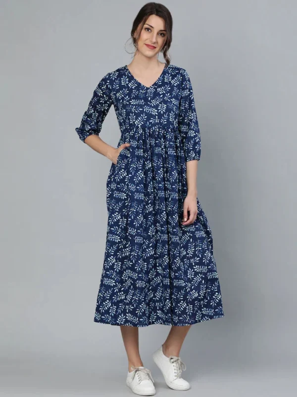 Pure Cotton Block Print Flared Midi Dress V-Neck-Pocket - Image 2