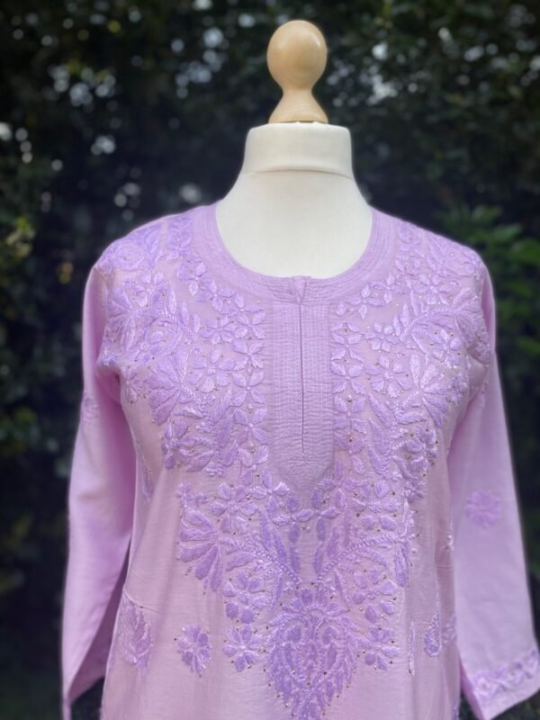 Chikankari Kurta-Soft Cotton Silk  Blend Fabric-Floral Hand Embroidered Indian long Tunic - Image 6