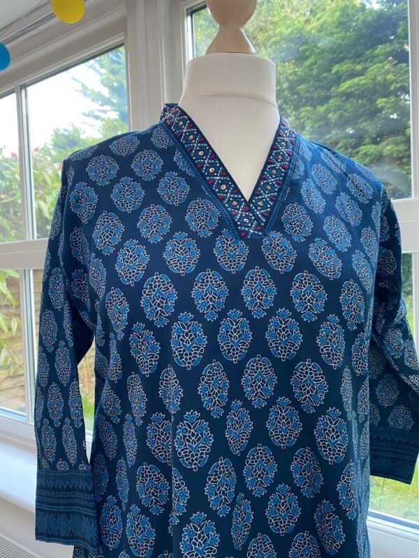 Straight Kurta Indigo Blue Ethnic Block Print Cotton Linen Blend Indian Tunic - Image 3