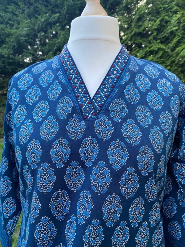 Straight Kurta Indigo Blue Ethnic Block Print Cotton Linen Blend Indian Tunic