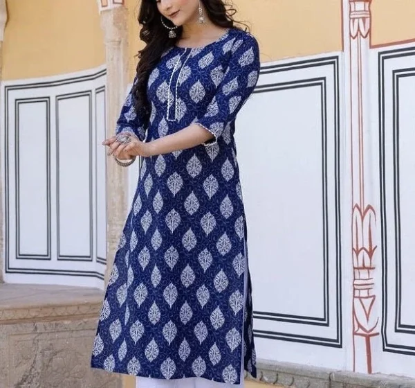 Long Kurta Tunic Blue-White Machine Kantha Stitch - Image 6