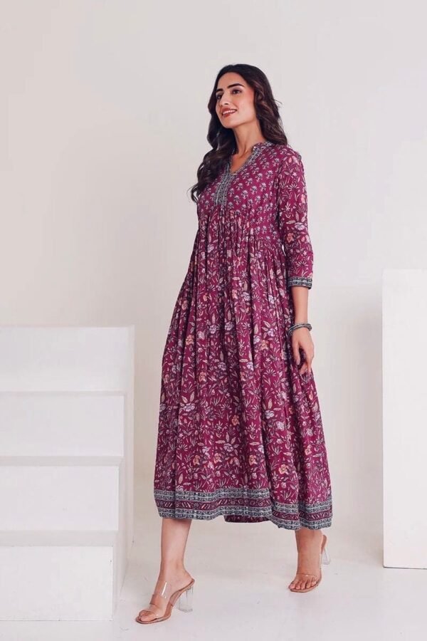 Madhu long Dress Pure Cotton Hand Block Print Yoke Border-Autumn-Purple Anarkali dress Vintage vibe - Image 6