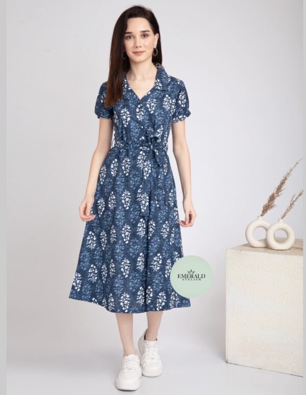 Pure Cotton Midi Dress Block Print Notch Collar-Belt Summer Shirt Dress - Image 2