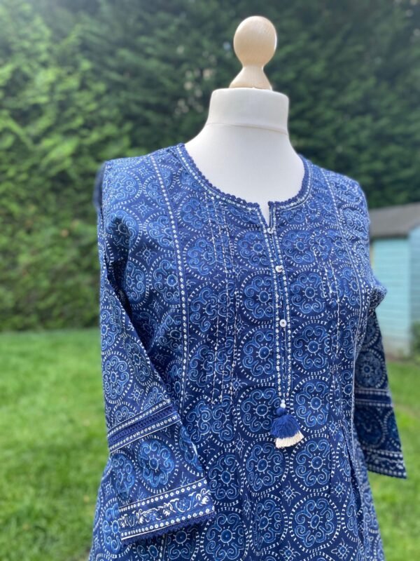 Blue Kurta Set-Pure Cotton Block Print Ethnic Indian Women's Suit-Panelled-Pocket-Casual-Occasional - Image 6