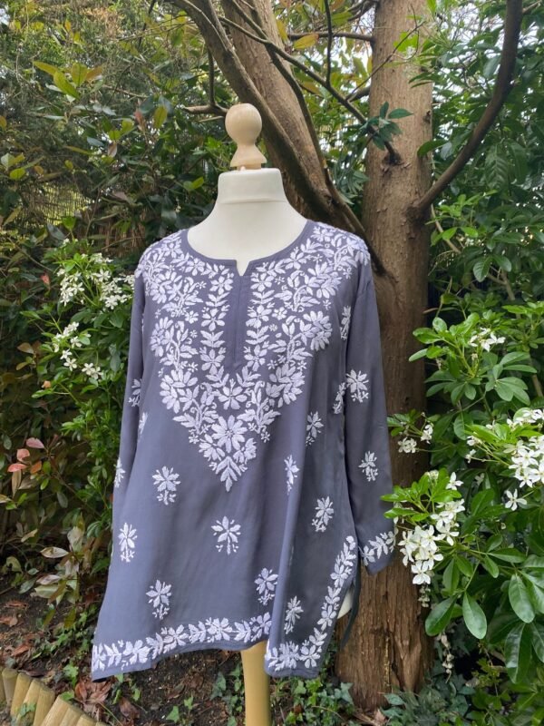 Chikankari Kurti Hand Embroided Tunic Spring Summer Top Medium Weight Viscose Rayon - Image 3