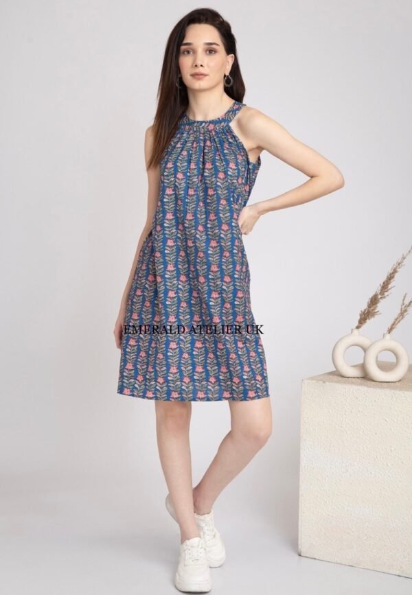 Floral Hand Block Print Halter Neck Dress Pure Cotton Summer Dress Resort-Sustainable - Image 2