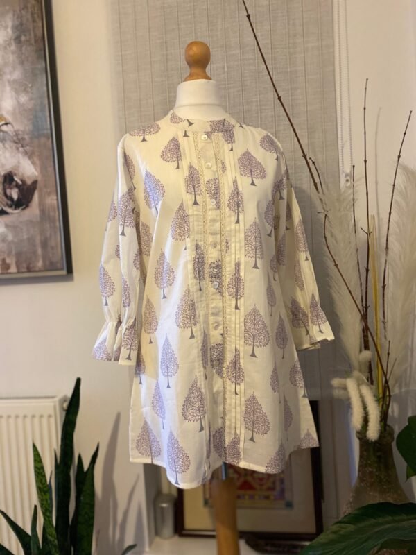 Pure Cotton Tunic Hand Block Print Indian Kurti Top-Off White Lilac Print - Image 3