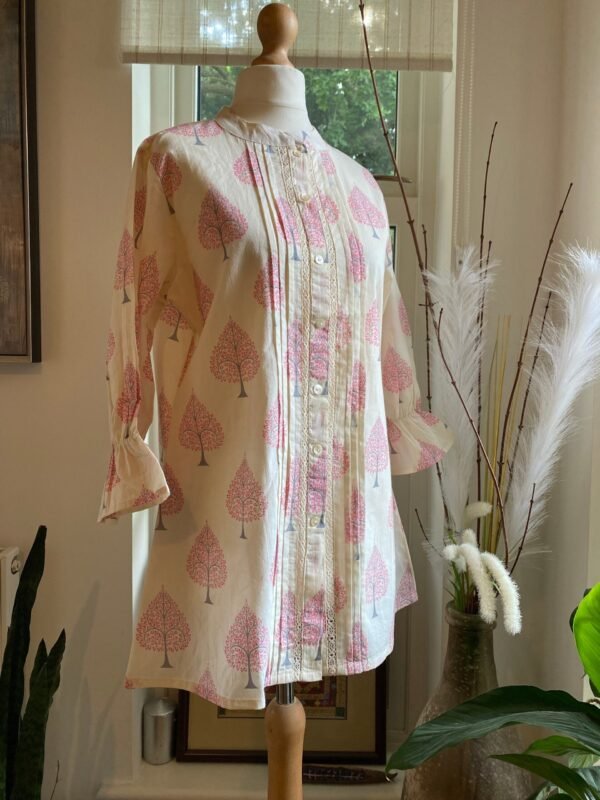 Pure Cotton Tunic Hand Block Print Indian Kurti Top-Off White Pink Summer Blouse - Image 9