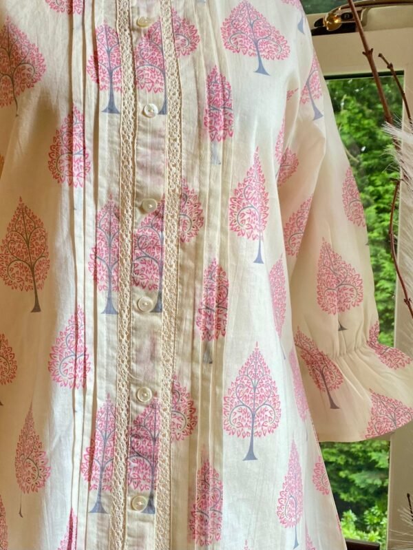 Pure Cotton Tunic Hand Block Print Indian Kurti Top-Off White Pink Summer Blouse