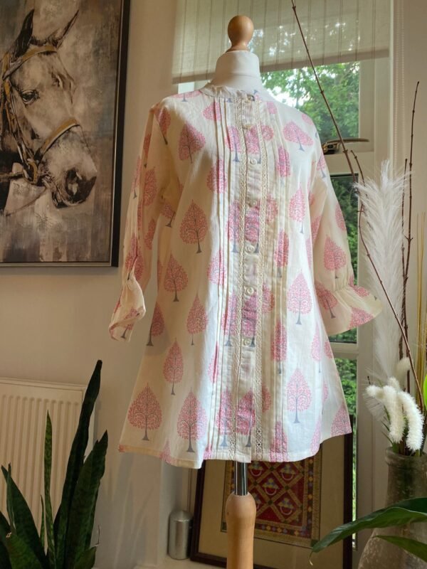 Pure Cotton Tunic Hand Block Print Indian Kurti Top-Off White Pink Summer Blouse - Image 2