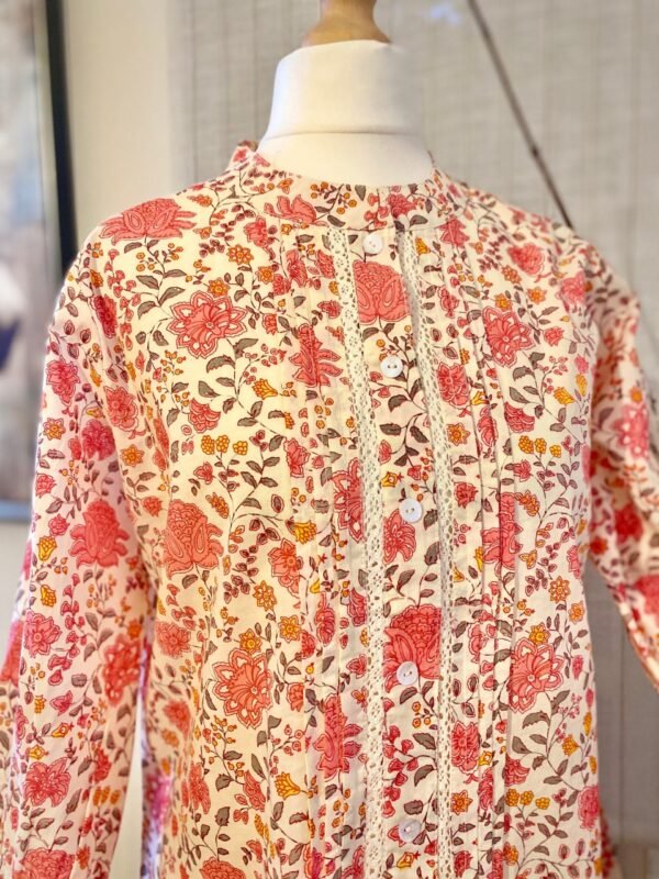 Coral Floral Spring Summer Blouse-100% Cotton Stand Collar Tunic Top - Image 3