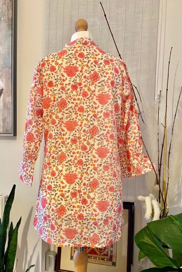 Coral Floral Spring Summer Blouse-100% Cotton Stand Collar Tunic Top - Image 2