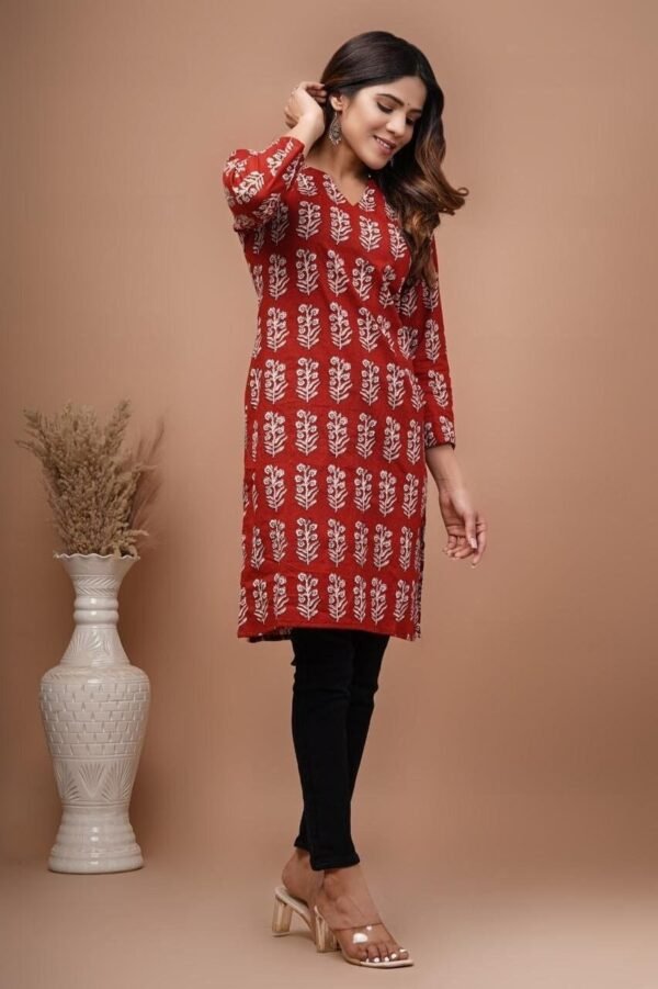 Hand Block Print Tunic Kurti Pure Cotton Red Black Floral Round Neck Blouse With Pocket - Image 2