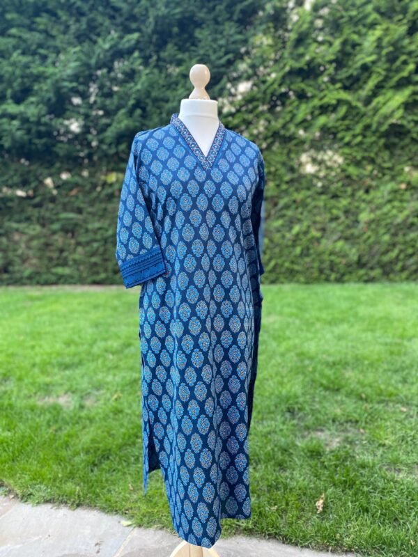 Straight Kurta Indigo Blue Ethnic Block Print Cotton Linen Blend Indian Tunic - Image 5