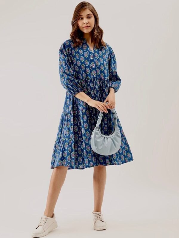 Tiered Dress Blue Pink Floral Block print Collar Gathered sleeve Summer Dress - Image 3