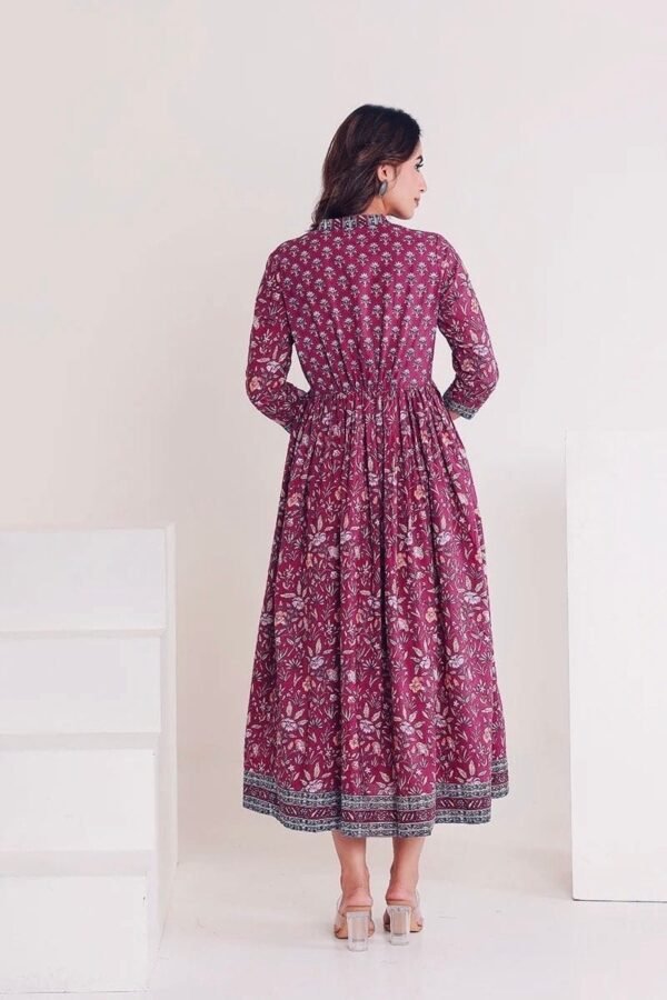 Madhu long Dress Pure Cotton Hand Block Print Yoke Border-Autumn-Purple Anarkali dress Vintage vibe - Image 2