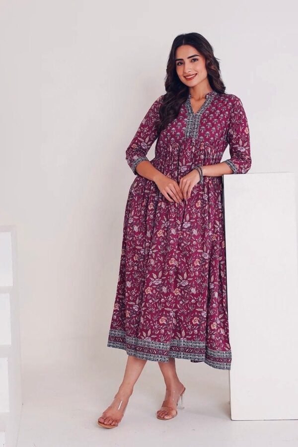 Madhu long Dress Pure Cotton Hand Block Print Yoke Border-Autumn-Purple Anarkali dress Vintage vibe - Image 4