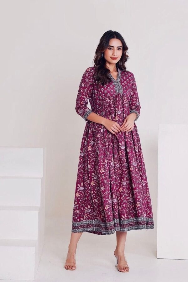 Madhu long Dress Pure Cotton Hand Block Print Yoke Border-Autumn-Purple Anarkali dress Vintage vibe - Image 5