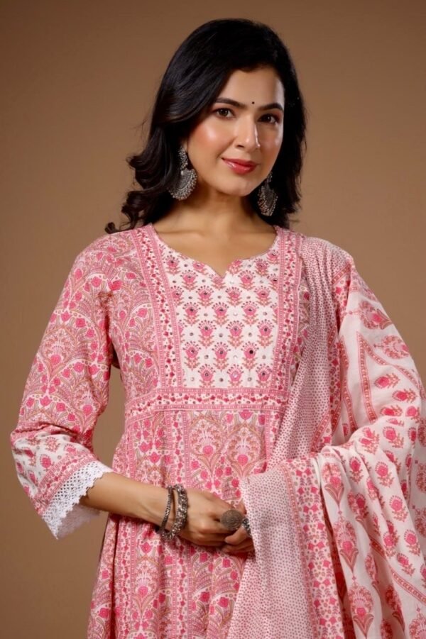 Anarkali Kurta Set floral Pink Pure Cotton-Indian Ethnic Kurta set-Women's Suit - Image 2