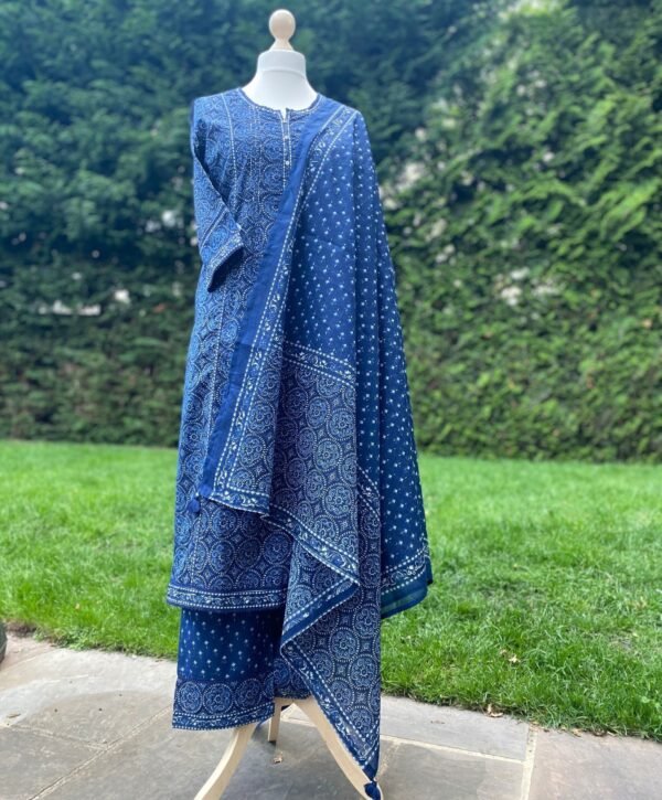 Blue Kurta Set-Pure Cotton Block Print Ethnic Indian Women's Suit-Panelled-Pocket-Casual-Occasional - Image 3